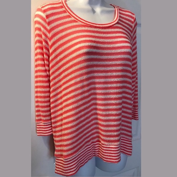 SPLENDID Deco Stripe Crewneck Sweater Pink Coral White Lightweight Knit Pullover - Picture 3 of 8